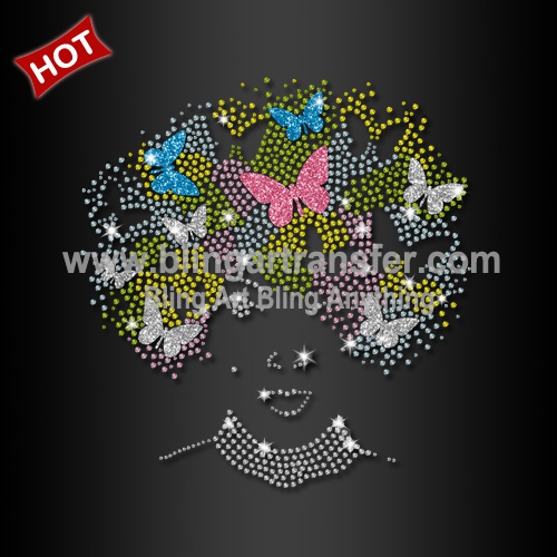 Custom Glitter Afro Girl with Butterfly Design Hotfix Rhinestone Heat Transfer