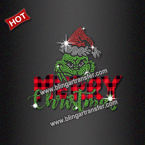 2024 Grinch Merry Christmas Bling Rhinestone Iron on Transfers