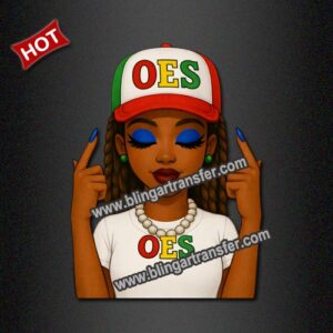 Red Green Gold OES Braided Cap Lady Rhinestone Heat Transfer Order of the Eastern Star Cartoon Woman Bling Iron On Applique