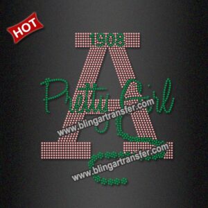Pink Green Pretty Girl Large A Letter 1908 AKA Rhinestone Heat Transfer Alpha Kappa Alpha Sorority Bling Iron On Applique
