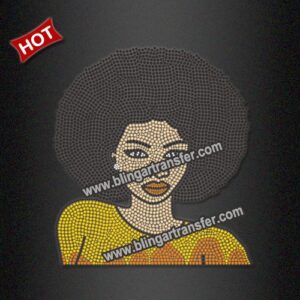 Yellow Orange Afro Hair Black Melanin Woman Portrait Rhinestone Heat Transfer Melanin Queen Bling Hotfix Iron On Applique